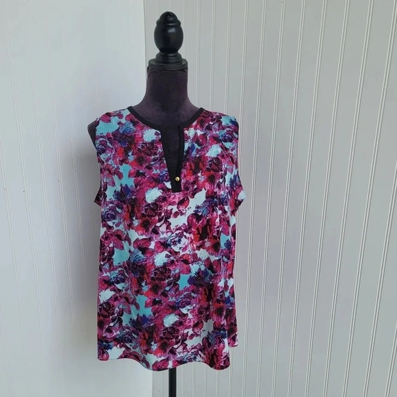 Ellen Tracy Women Blouse Top Sleeveless Lightweight Semi Sheer Floral Pink Sz L - Picture 1 of 10